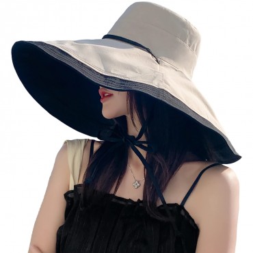 7 Inch Wide Brim Women Summer Sun Floppy Hat Beach Bucket Fishing Hats Reversible Foldable Travel UV Protection AG3652-BlackBeige