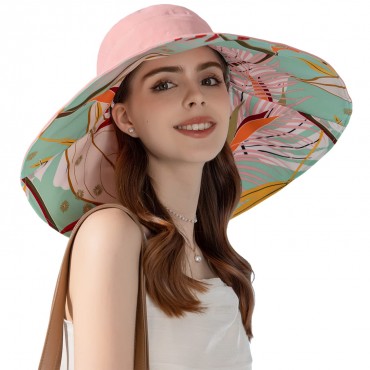 Women Wide Brim Summer Sun Hat Floral Beach Bucket Hats Reversible Fishing Travel UV Protection Lady Hats Windproof BG8240-Pink