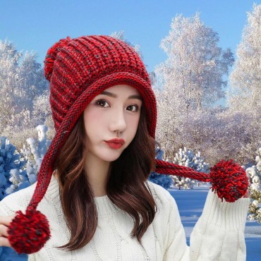 Women Winter Sherpa Beanie Hats Knit Ear Flaps Peruvian Cover Ears Pompoms HT013-Red