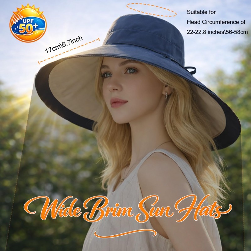 Reversible Wide Brim Sun Hat for Women – UPF 50+ Woman wearing reversible wide brim sun hat with UPF 50 protection