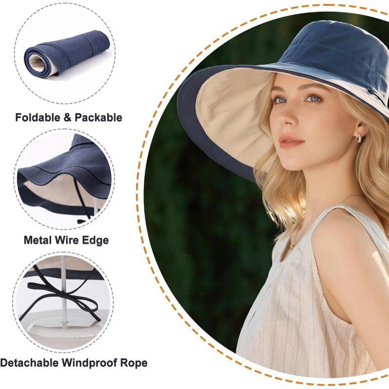 Reversible Wide Brim Sun Hat for Women – UPF 50+ Woman wearing reversible wide brim sun hat with UPF 50 protection