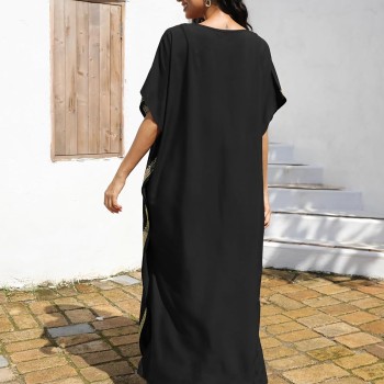 Women's Bohemian Caftan Maxi Dress - Black Gold Geometric Embroidery Beach Cover Up Loungewear