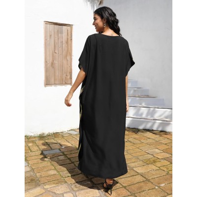 Women's bohemian caftan maxi dress with black gold geometric embroidery