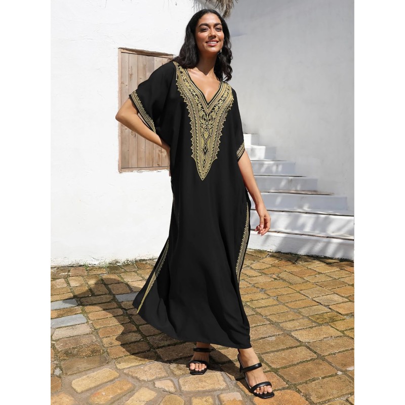 Women's bohemian caftan maxi dress with black gold geometric embroidery