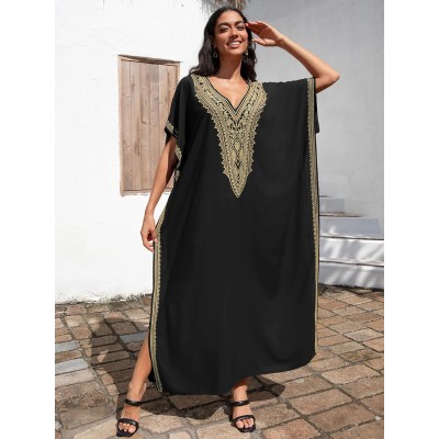 Women's bohemian caftan maxi dress with black gold geometric embroidery