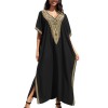 Women's Bohemian Caftan Maxi Dress - Black Gold Geometric Embroidery Beach Cover Up Loungewear