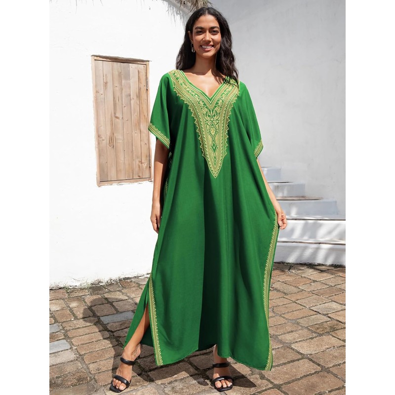 Green Gold Geometric Plus Size Kaftan Dress Plus size bohemian maxi kaftan dress in green gold geometric pattern