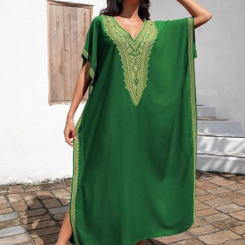 Plus Size Bohemian Maxi Kaftan Dress - Green Gold Geometric Beach Cover Up