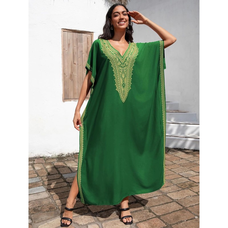 Green Gold Geometric Plus Size Kaftan Dress Plus size bohemian maxi kaftan dress in green gold geometric pattern
