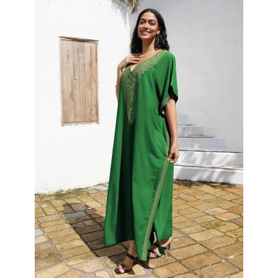 Green Gold Geometric Plus Size Kaftan Dress Plus size bohemian maxi kaftan dress in green gold geometric pattern