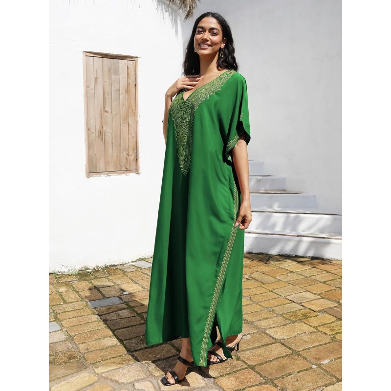 Green Gold Geometric Plus Size Kaftan Dress Plus size bohemian maxi kaftan dress in green gold geometric pattern