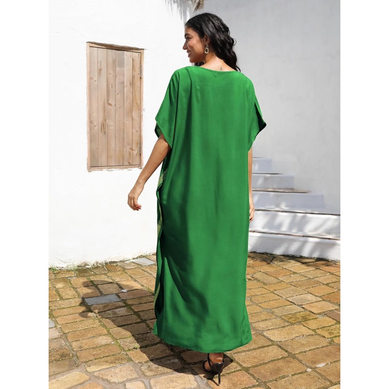 Green Gold Geometric Plus Size Kaftan Dress Plus size bohemian maxi kaftan dress in green gold geometric pattern