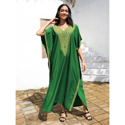 Green Gold Geometric Plus Size Kaftan Dress Plus size bohemian maxi kaftan dress in green gold geometric pattern