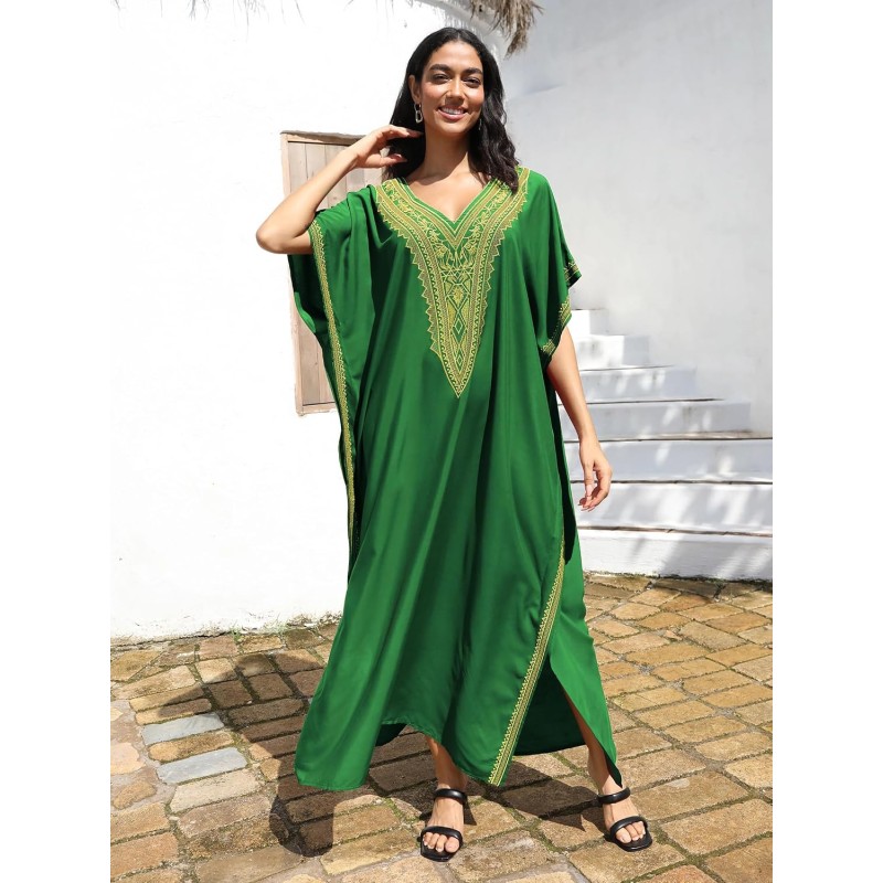 Green Gold Geometric Plus Size Kaftan Dress Plus size bohemian maxi kaftan dress in green gold geometric pattern