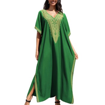 Plus Size Bohemian Maxi Kaftan Dress - Green Gold Geometric Beach Cover Up
