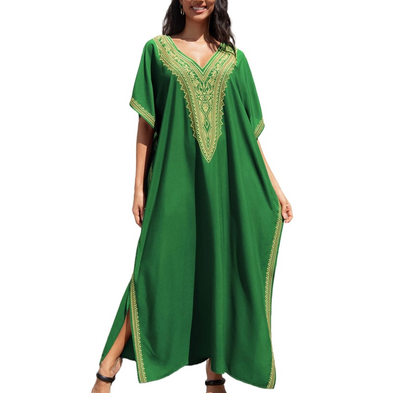 Green Gold Geometric Plus Size Kaftan Dress Plus size bohemian maxi kaftan dress in green gold geometric pattern