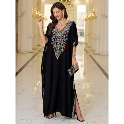 Ornate Black Boho Caftan Floral Embroidered Maxi Beach Coverup