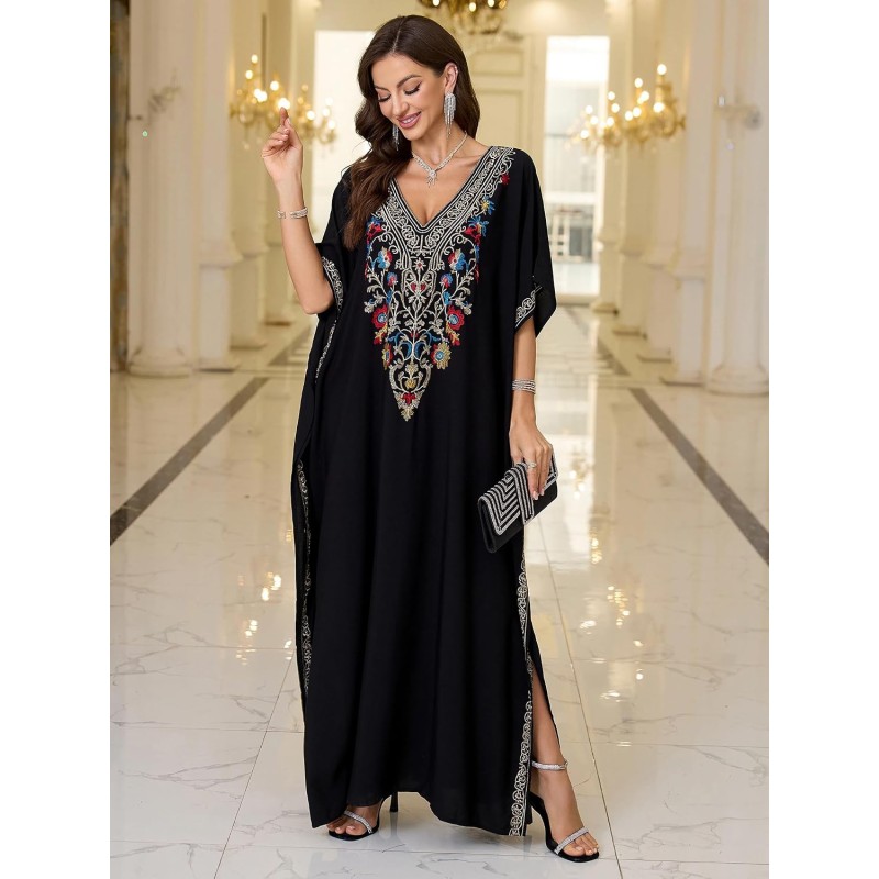 Ornate Black Boho Caftan Floral Embroidered Maxi Beach Coverup