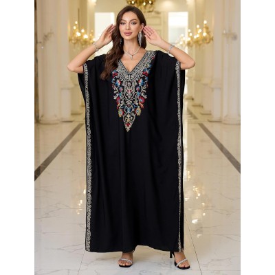 Ornate Black Boho Caftan Floral Embroidered Maxi Beach Coverup