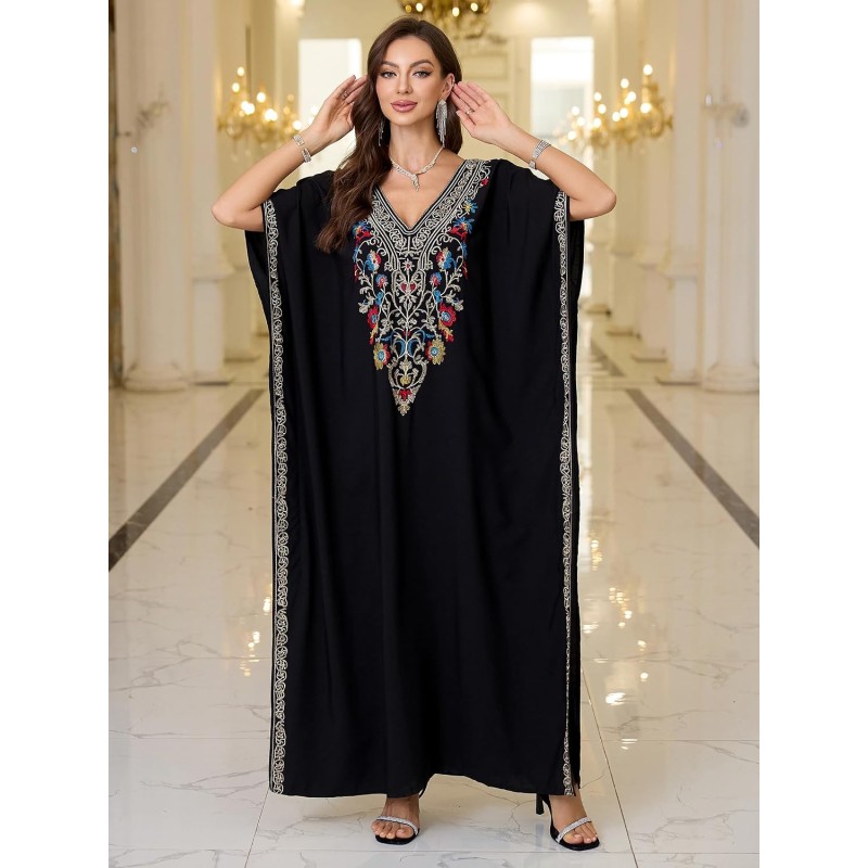 Ornate Black Boho Caftan Floral Embroidered Maxi Beach Coverup