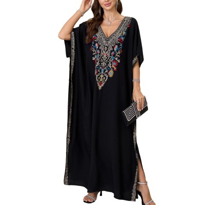 Ornate Black Boho Caftan Floral Embroidered Maxi Beach Coverup