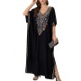 Ornate Black Boho Caftan: Floral Embroidered Maxi Beach Coverup