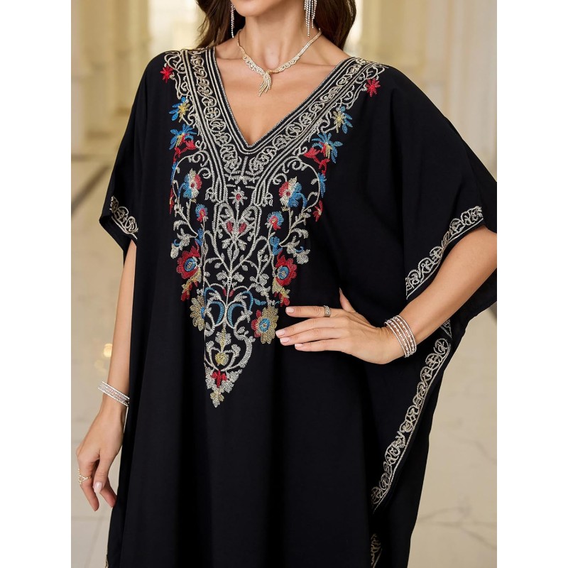 Ornate Black Boho Caftan Floral Embroidered Maxi Beach Coverup