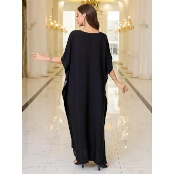 Ornate Black Boho Caftan: Floral Embroidered Maxi Beach Coverup