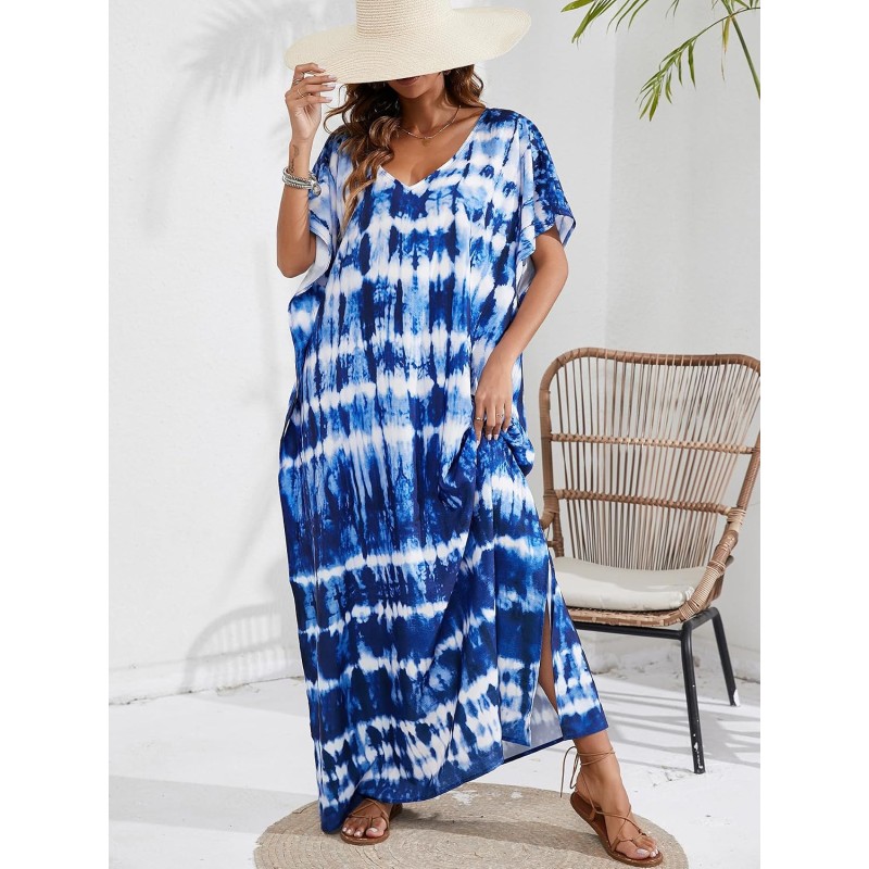Plus Size Floral Kaftan Dress Coverup Azure Plus size floral kaftan dress and swim coverup in blue with azure rippling soul pattern