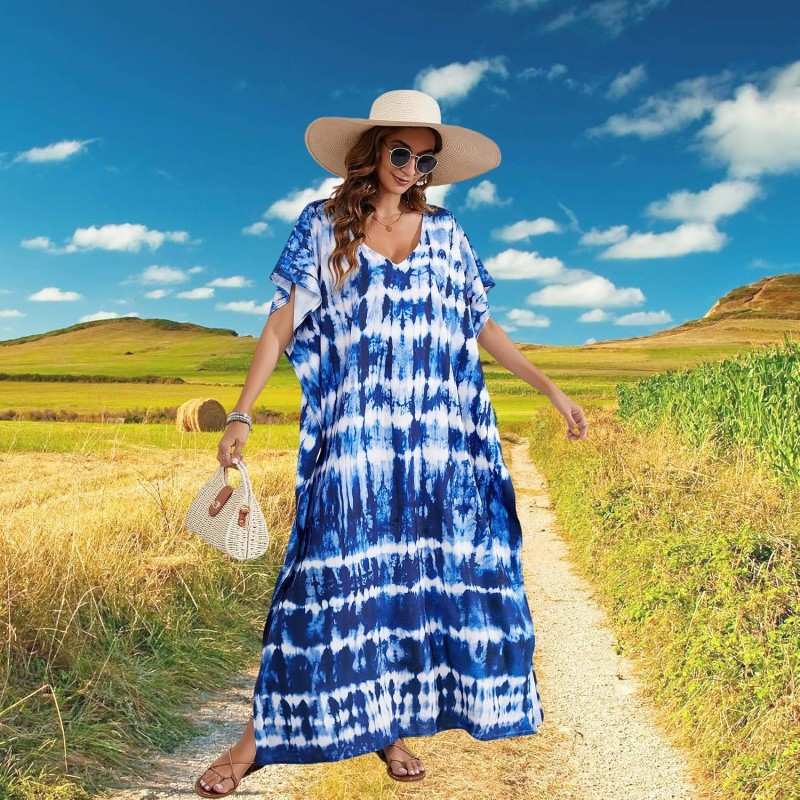 Plus Size Floral Kaftan Dress Coverup Azure Plus size floral kaftan dress and swim coverup in blue with azure rippling soul pattern