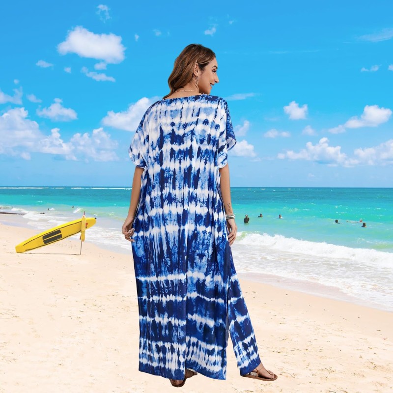 Plus Size Floral Kaftan Dress Coverup Azure Plus size floral kaftan dress and swim coverup in blue with azure rippling soul pattern