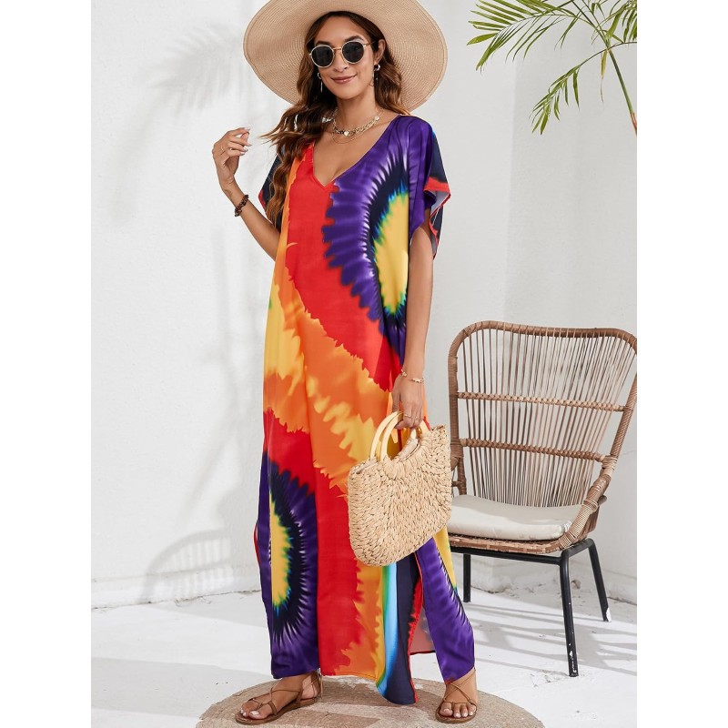 Plus Size Boho Floral Kaftan Dress - Swimsuit Cover Up & Loungewear Plus size boho kaftan dress in floral print, perfect as swimsuit cover up and loungewear