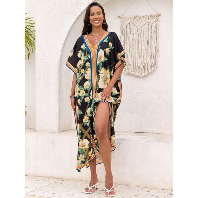 Bohemian Floral Plus Size Kaftan Maxi Dress for Swim Cover Up and Loungewear Bohemian Floral Kaftan Maxi Dress Plus Size Swim Cover Up Loungewear