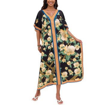 Bohemian Floral Kaftan Maxi Dress – Plus Size Swim Cover Up & Loungewear