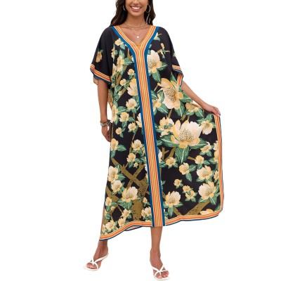 Bohemian Floral Plus Size Kaftan Maxi Dress for Swim Cover Up and Loungewear Bohemian Floral Kaftan Maxi Dress Plus Size Swim Cover Up Loungewear