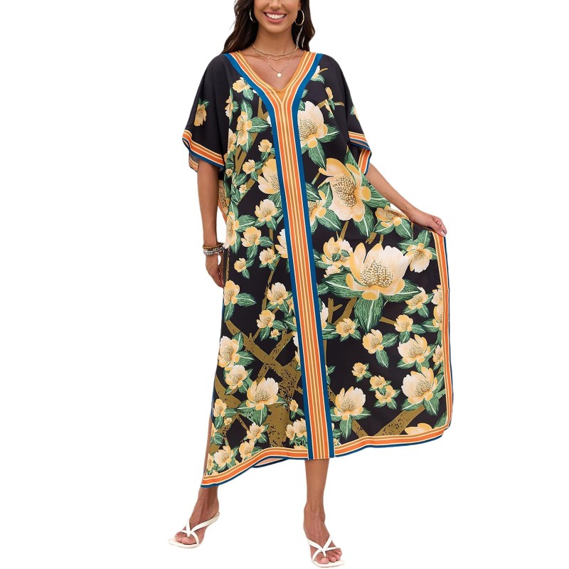 Bohemian Floral Plus Size Kaftan Maxi Dress for Swim Cover Up and Loungewear Bohemian Floral Kaftan Maxi Dress Plus Size Swim Cover Up Loungewear