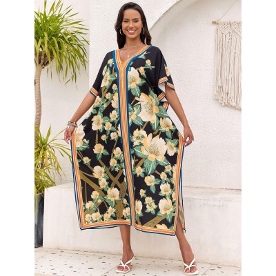 Bohemian Floral Plus Size Kaftan Maxi Dress for Swim Cover Up and Loungewear Bohemian Floral Kaftan Maxi Dress Plus Size Swim Cover Up Loungewear