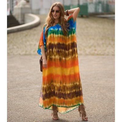 Plus size boho kaftan maxi dress in floral print with batwing sleeves for beach swimsuit cover up