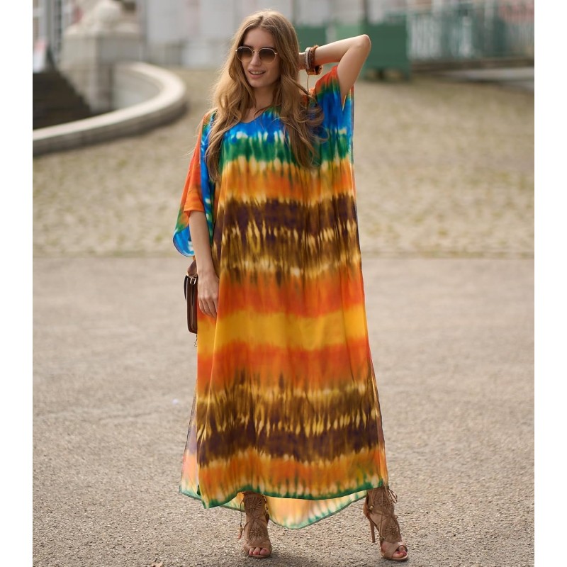 Plus size boho kaftan maxi dress in floral print with batwing sleeves for beach swimsuit cover up