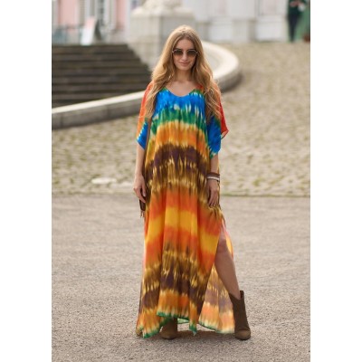Plus size boho kaftan maxi dress in floral print with batwing sleeves for beach swimsuit cover up