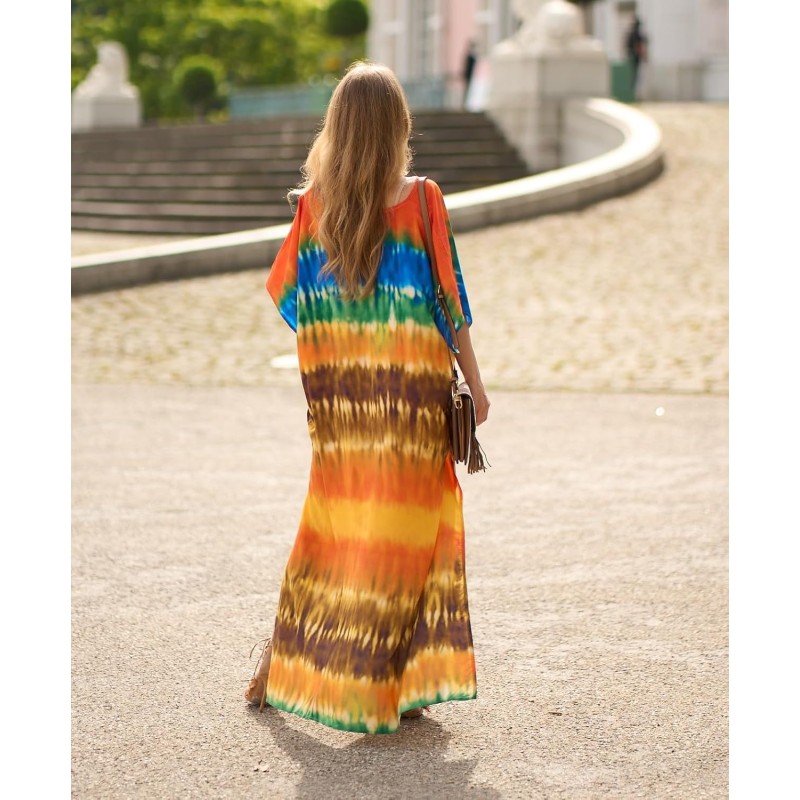 Plus size boho kaftan maxi dress in floral print with batwing sleeves for beach swimsuit cover up
