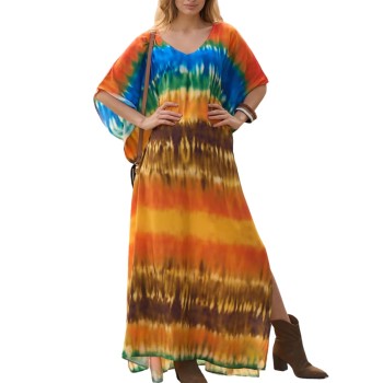 Plus Size Boho Kaftan Maxi Dress Beach Swimsuit Cover Up Floral Batwing Sleeve