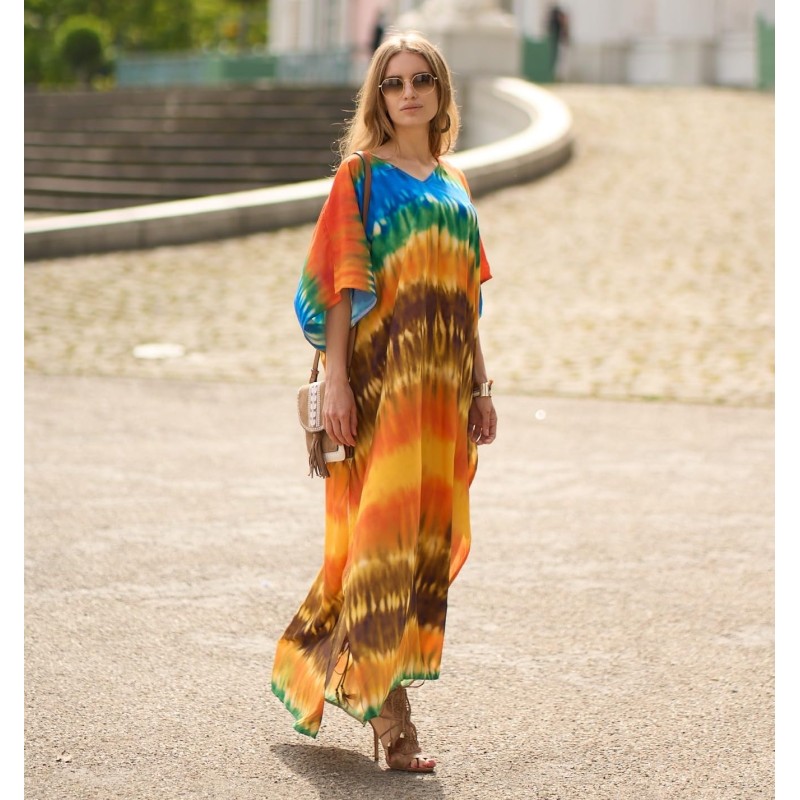 Plus size boho kaftan maxi dress in floral print with batwing sleeves for beach swimsuit cover up