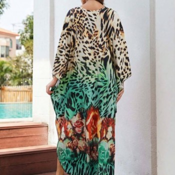 Plus Size Bohemian Leopard Print Caftan Beach Coverup Dress Plus Size Bohemian Leopard Print Caftan Beach Coverup Dress
