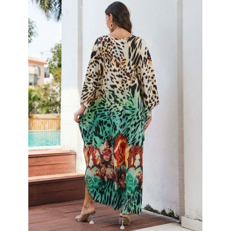 Plus Size Bohemian Leopard Print Caftan Coverup Plus size bohemian leopard print caftan beach coverup dress