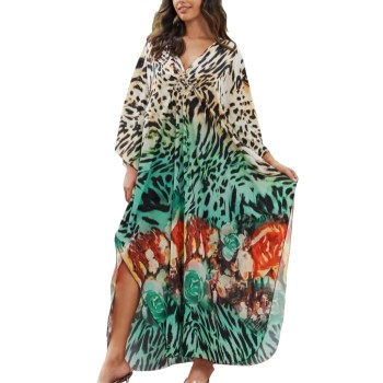 Plus Size Bohemian Leopard Print Caftan Beach Coverup Dress