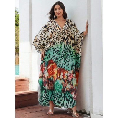 Plus Size Bohemian Leopard Print Caftan Coverup Plus size bohemian leopard print caftan beach coverup dress