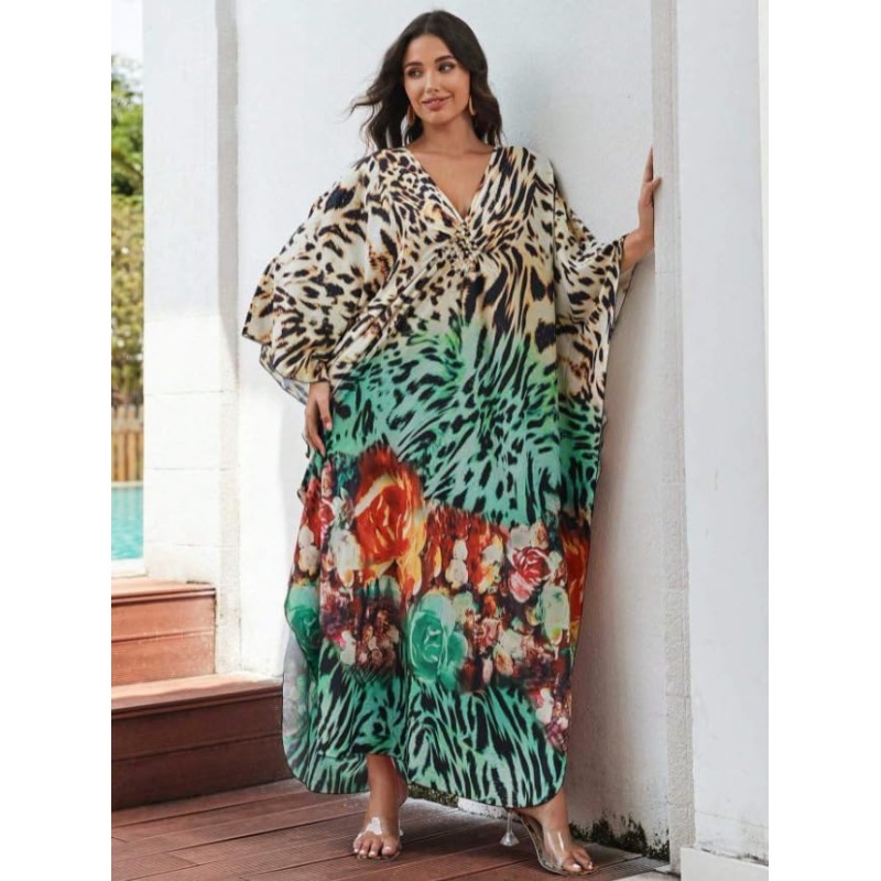 Plus Size Bohemian Leopard Print Caftan Coverup Plus size bohemian leopard print caftan beach coverup dress