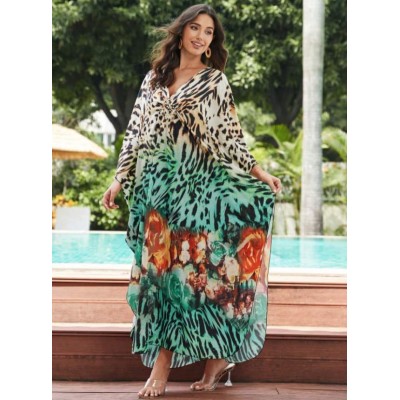 Plus Size Bohemian Leopard Print Caftan Coverup Plus size bohemian leopard print caftan beach coverup dress