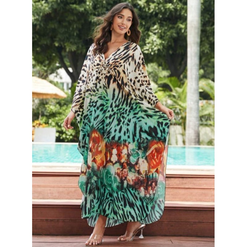 Plus Size Bohemian Leopard Print Caftan Coverup Plus size bohemian leopard print caftan beach coverup dress